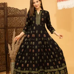 Women Floral Print Viscose Rayon Gown Kurta  (Black)