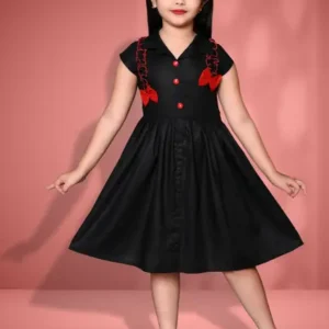 Girls Midi/Knee Length Festive/Wedding Dress  (Black, Short Sleeve)