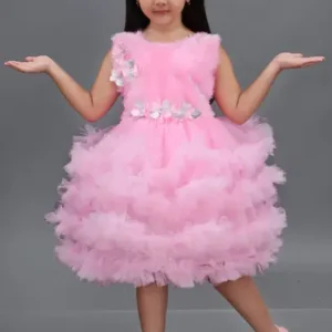 Girls Below Knee Party Dress  (Pink, Sleeveless)