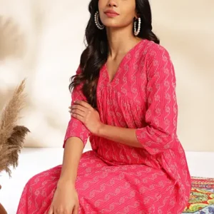 Women Woven Design Pure Cotton A-line Kurta  (Pink)