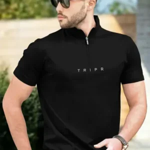 Men Solid Mandarin Collar Cotton Blend Black T-Shirt