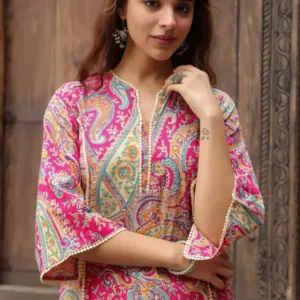Women Self Design Cotton Blend Pakistani Kurta  (Pink)